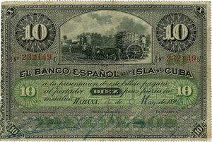 10 Pesos 1896 - Fecha escrita a mano o estampada a mano, parcialmente impresa, sin sobreimpresión.