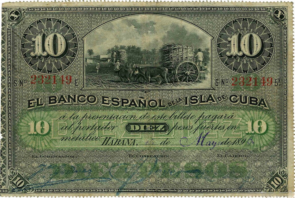 10 Pesos 1896 - Fecha escrita a mano o estampada a mano, parcialmente impresa, sin sobreimpresión.