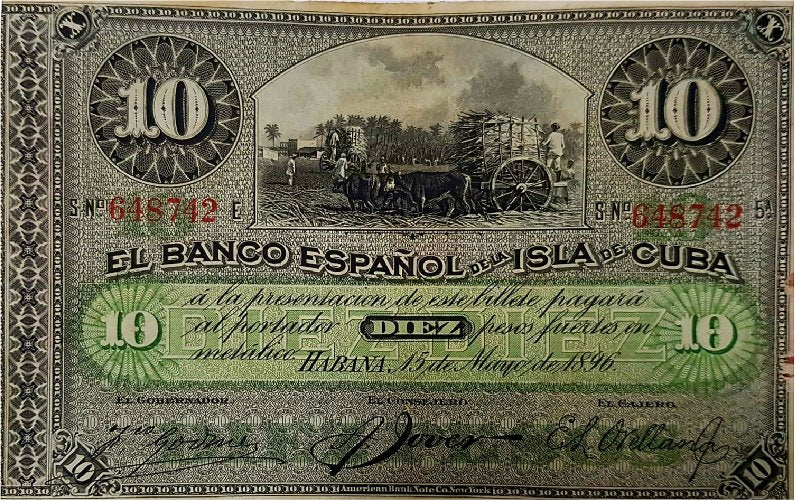 10 Pesos 1896 - Fecha y mes escritos a mano, firma estampada a mano.