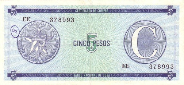 Serie C - 5 Pesos 1985 - Certificado de Divisa - Canto Fino EE