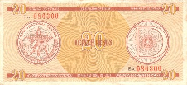 Serie D - 20 Pesos 1985 - Certificado de Divisa - Canto Ancho